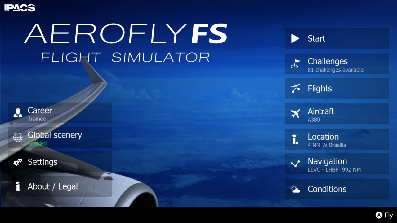 Aerofly FS: the main menu with Career, Challenges, Flights, Aircraft, Location and Conditions