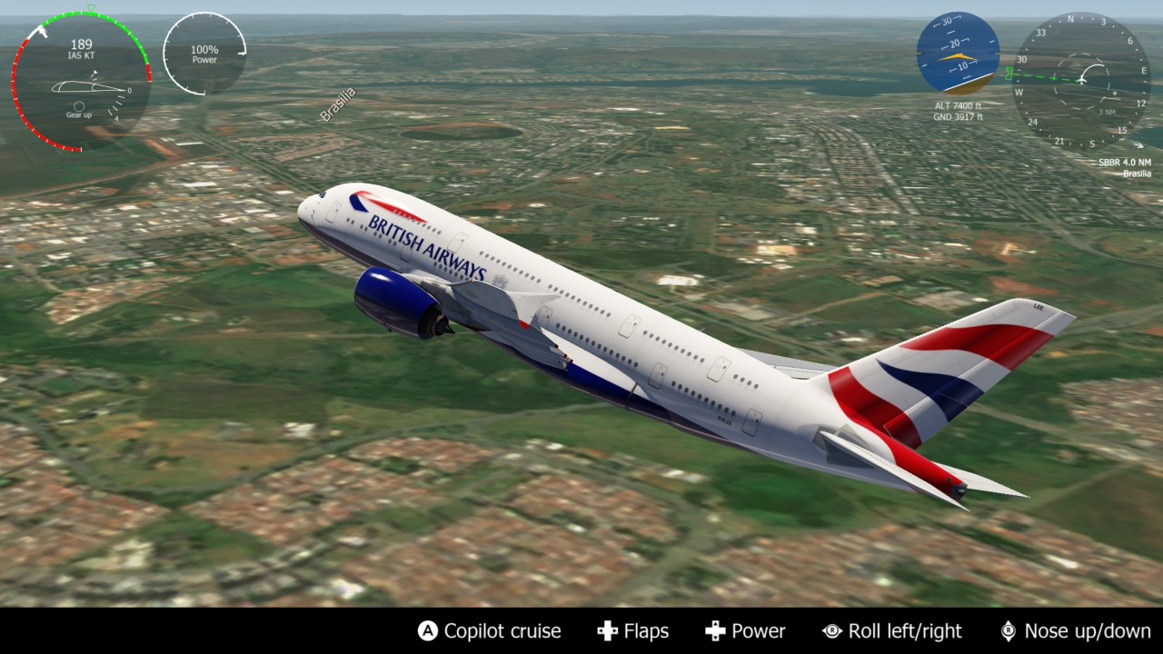 Aerofly FS: a British Airways A380 climbing over Brasilia