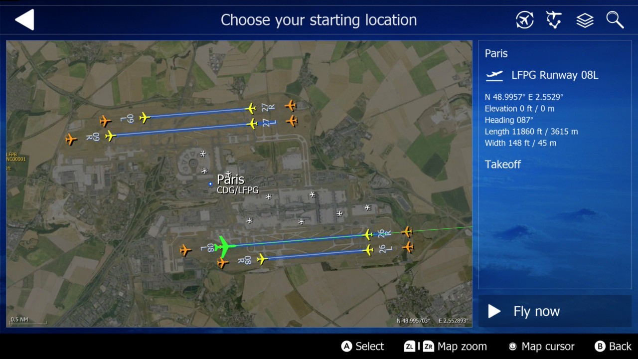 Aerofly FS: the start location map at Paris Charles de Gaulle with its runways to choose from