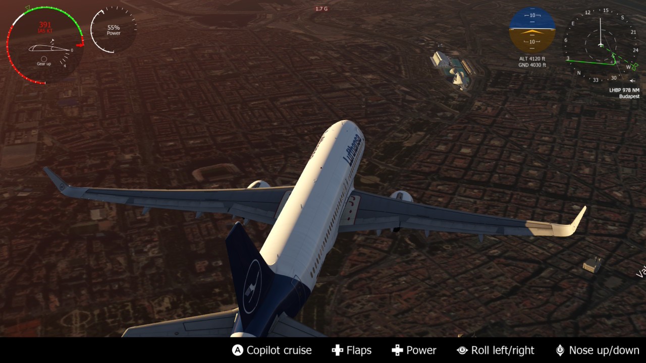 Aerofly FS: a Lufthansa A320 flying over the streets of a city at dusk