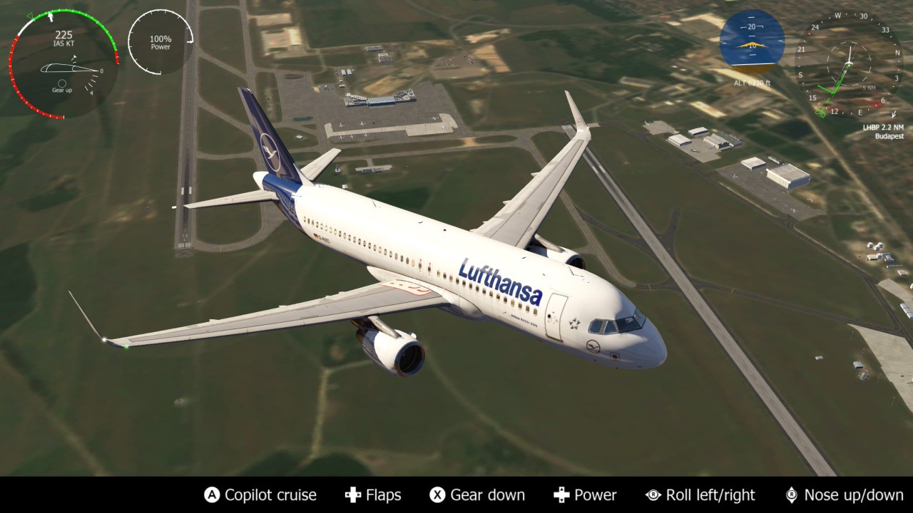 Aerofly FS: an A320 above Budapest airport with its runways and taxiways below