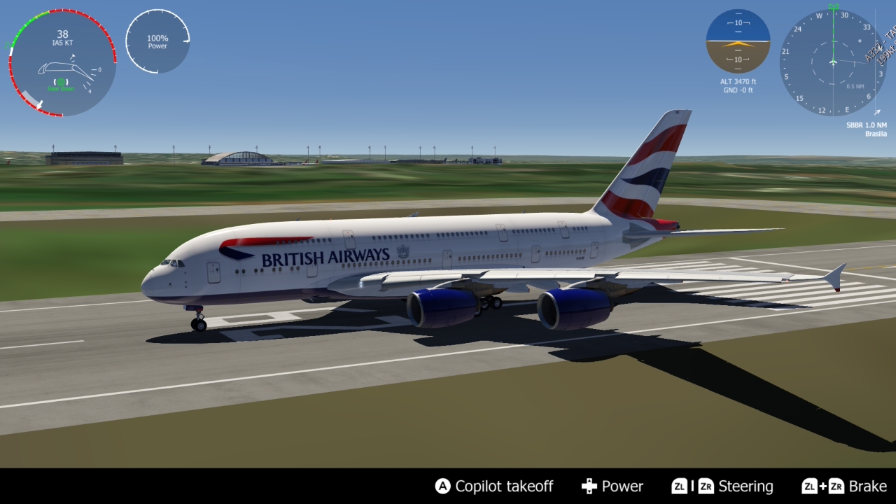 Aerofly FS: a British Airways A380 rolling down a runway at Brasilia