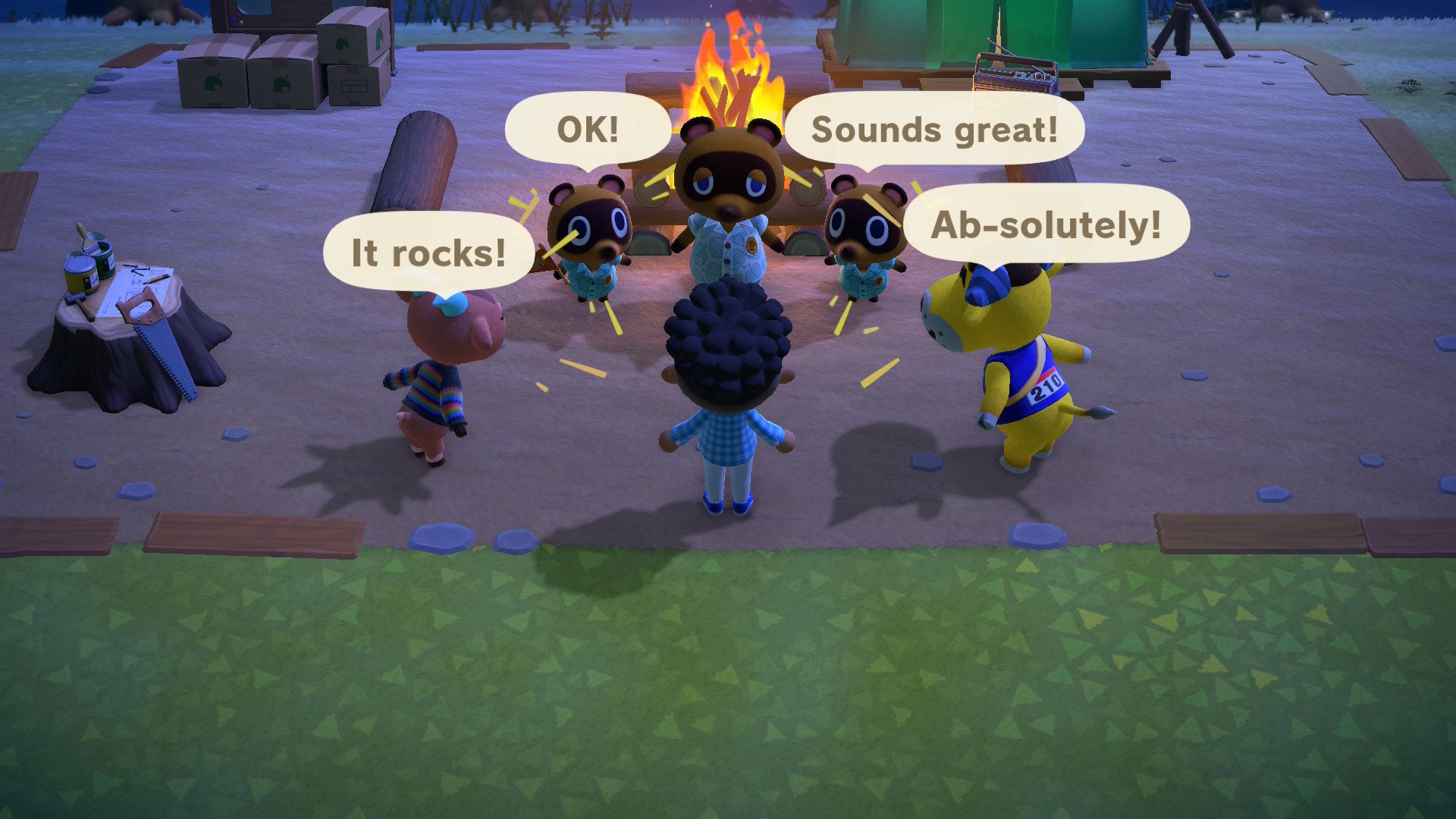 Tom Nook and the crew round the campfire. Probably talking about my loan.