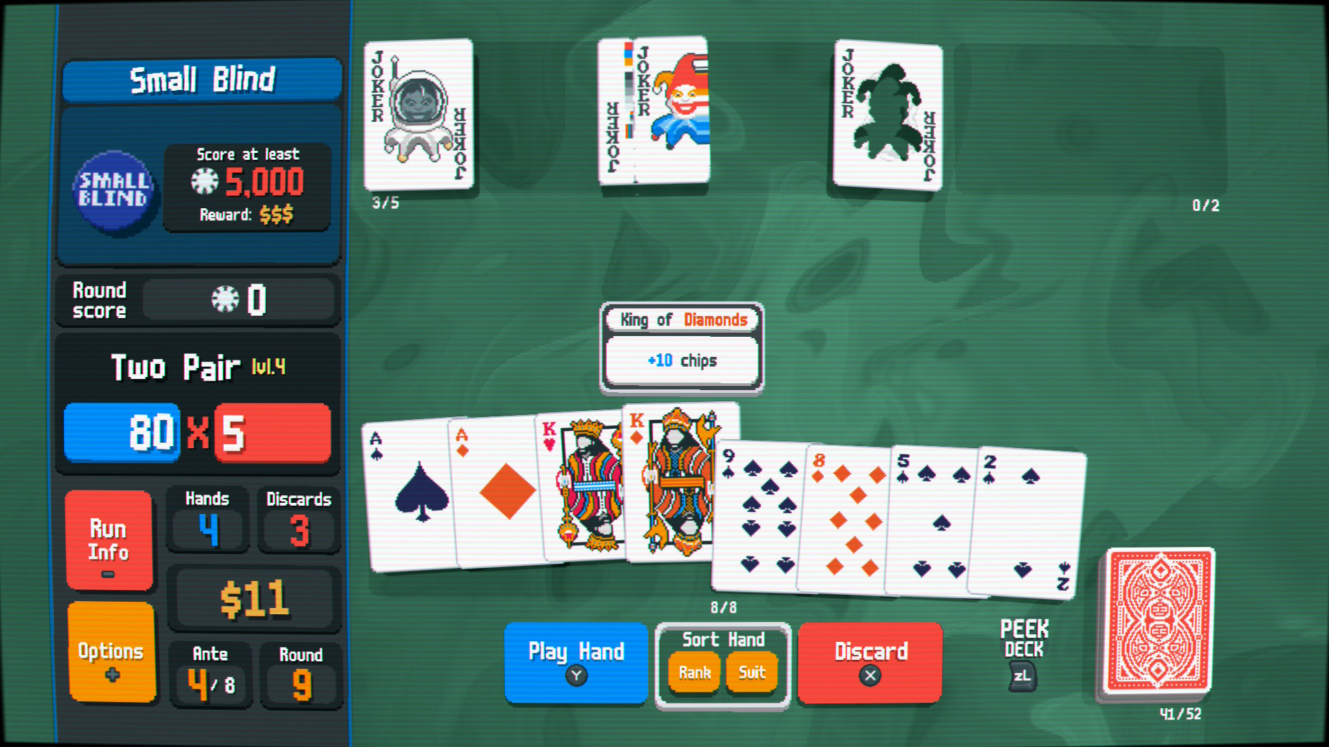A normal hand, mid-round. This is the whole game, and it's enough.
