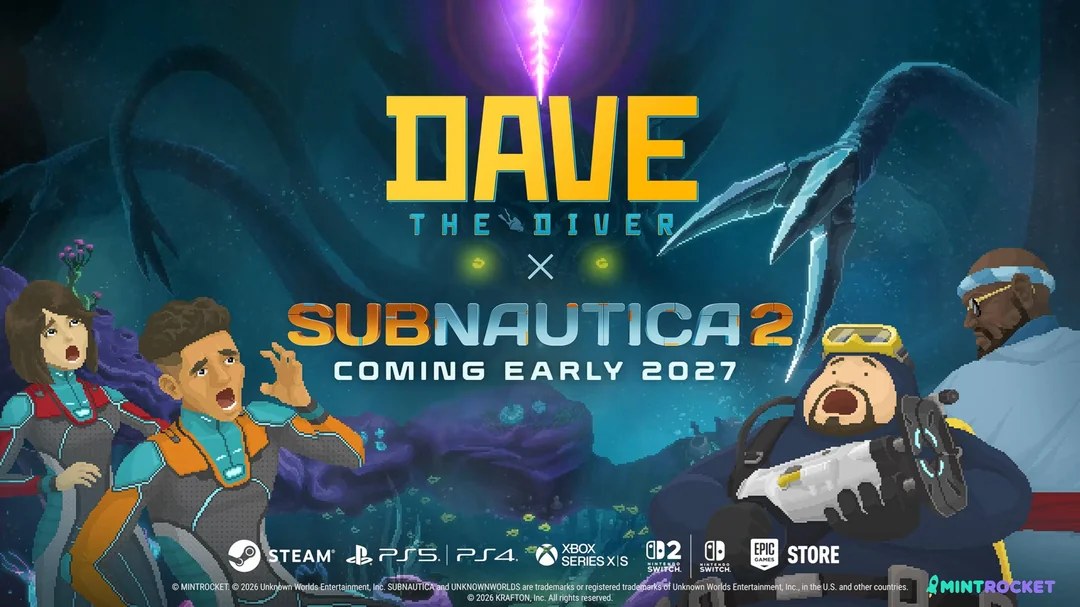 Key art for Dave the Diver x Subnautica 2 showing Dave, Bancho and divers facing a giant Leviathan, with the text Coming Early 2027