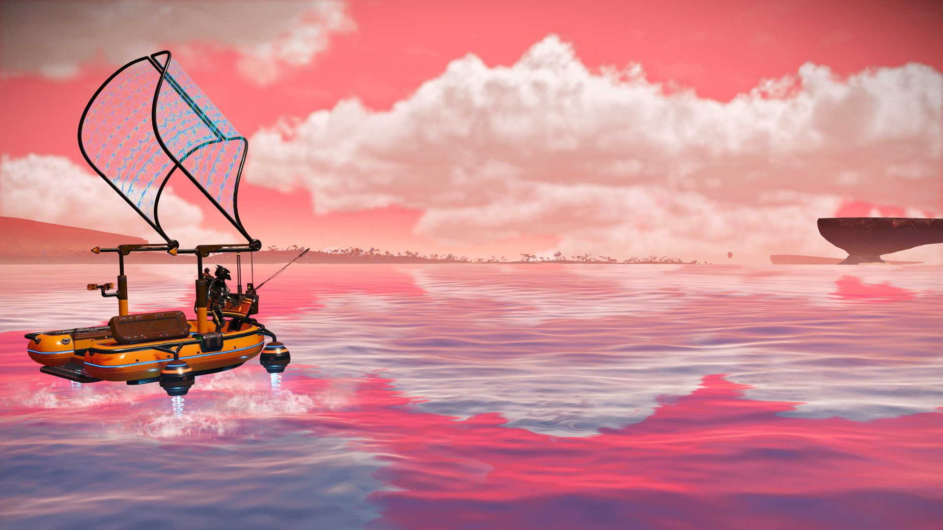 No Man's Sky on Switch 2: a sailing boat hovering over a pink sea under pink clouds