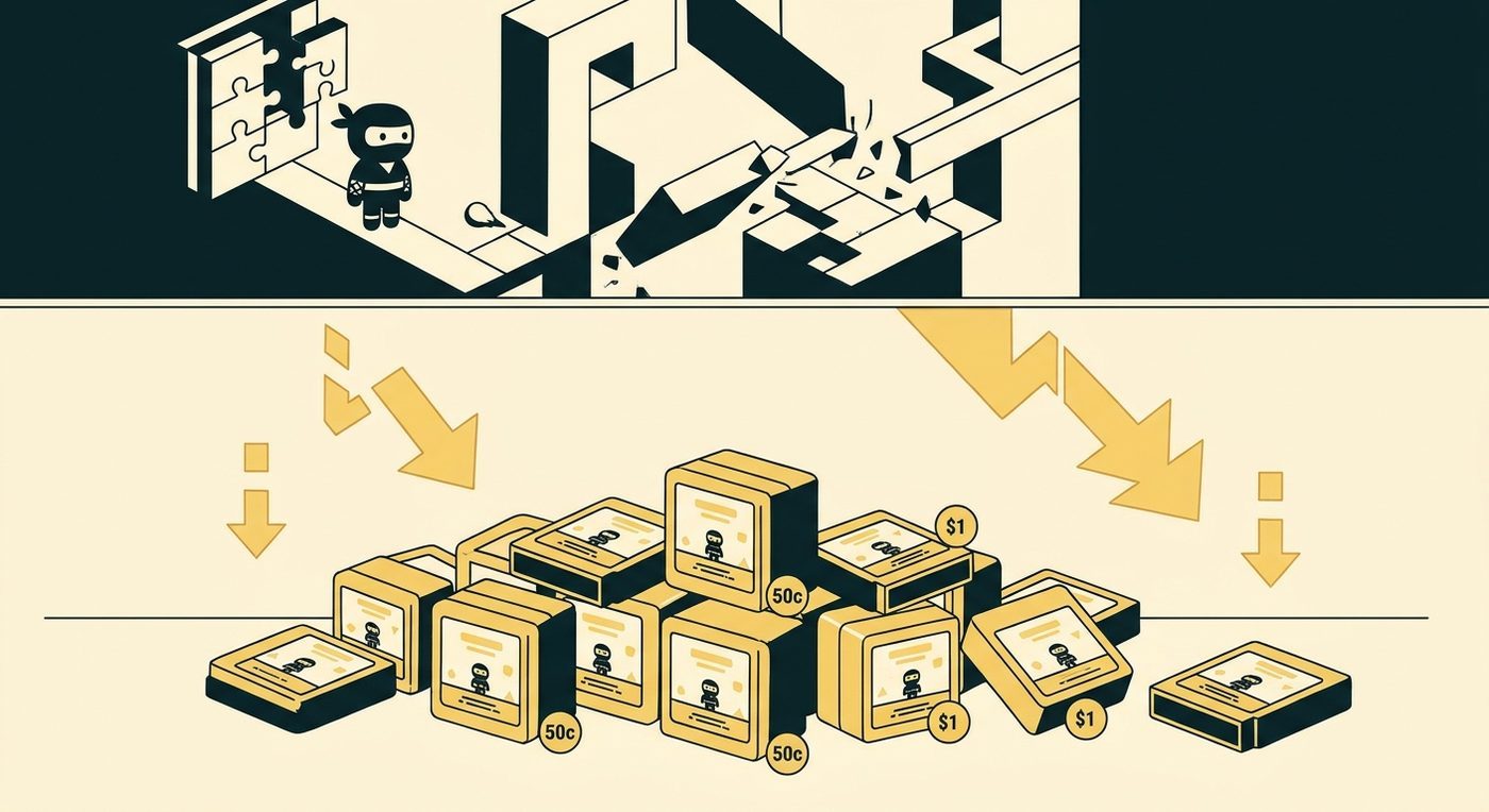 Nintendo consoles: a Cubic Ninja character beside a pile of 3DS game boxes with falling prices