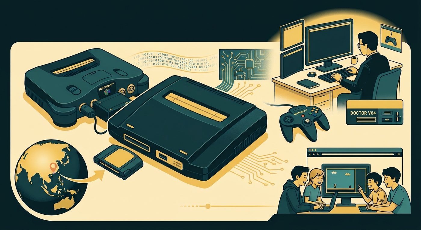 Nintendo consoles: a Nintendo 64 linked to a Doctor V64 copier, with a globe pointing to Hong Kong