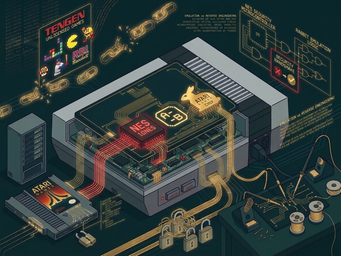 Nintendo consoles: NES with the Atari Rabbit chip beside the 10NES lock chip, with Tengen game art and padlocks