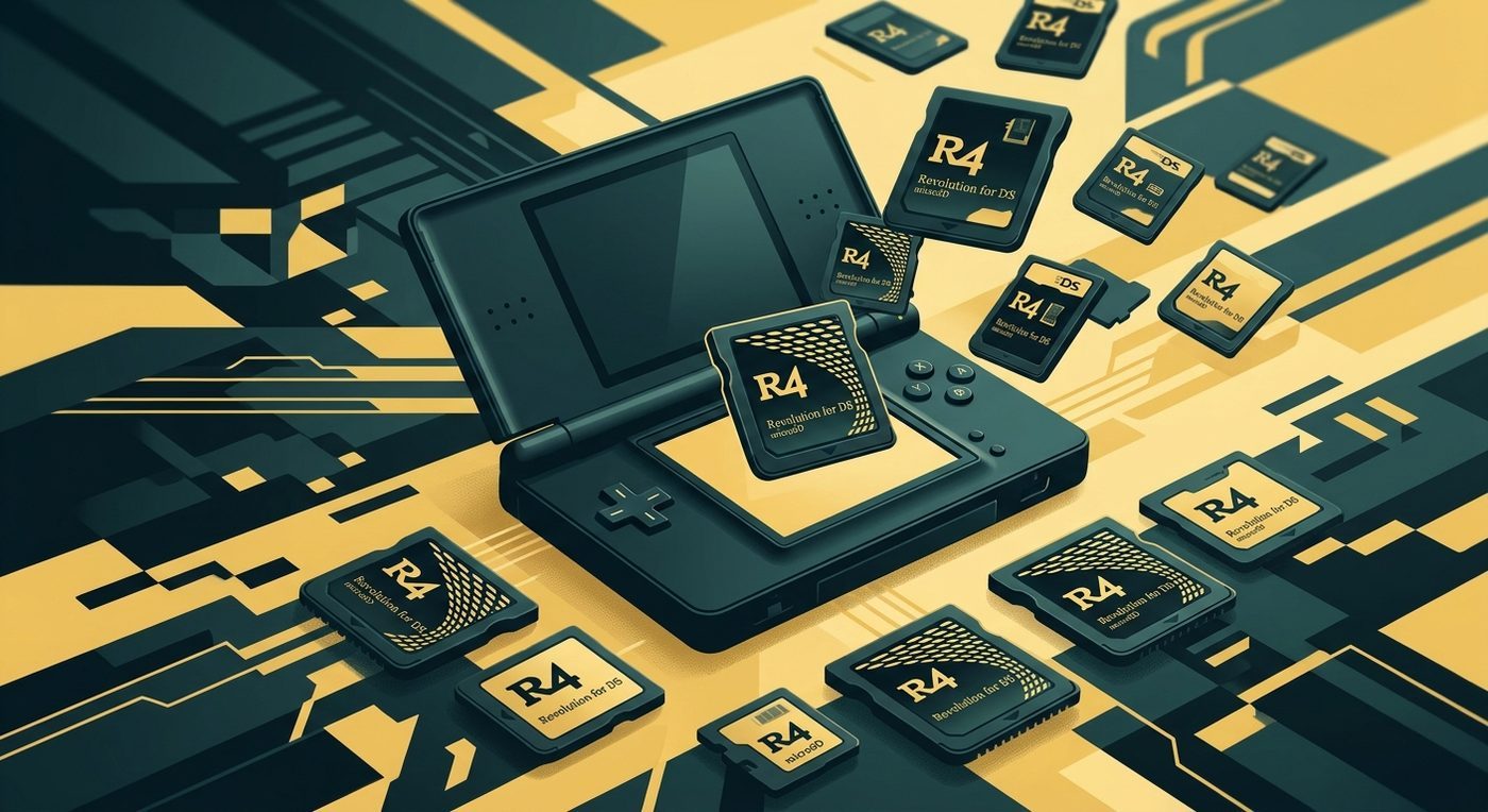 Nintendo consoles: a Nintendo DS surrounded by R4 flashcards and clones