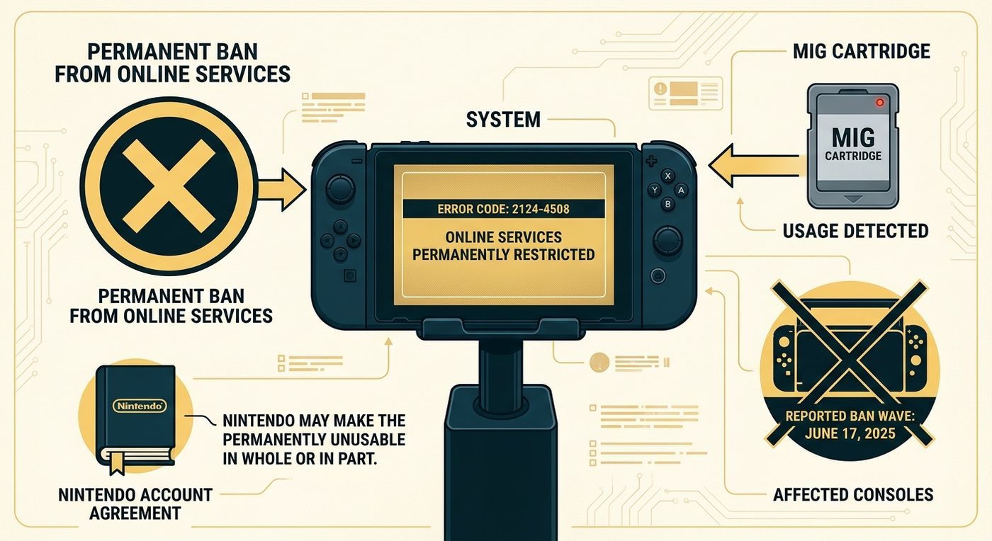 Nintendo consoles: a Switch showing error 2124-4508 next to a MIG cartridge and the account agreement