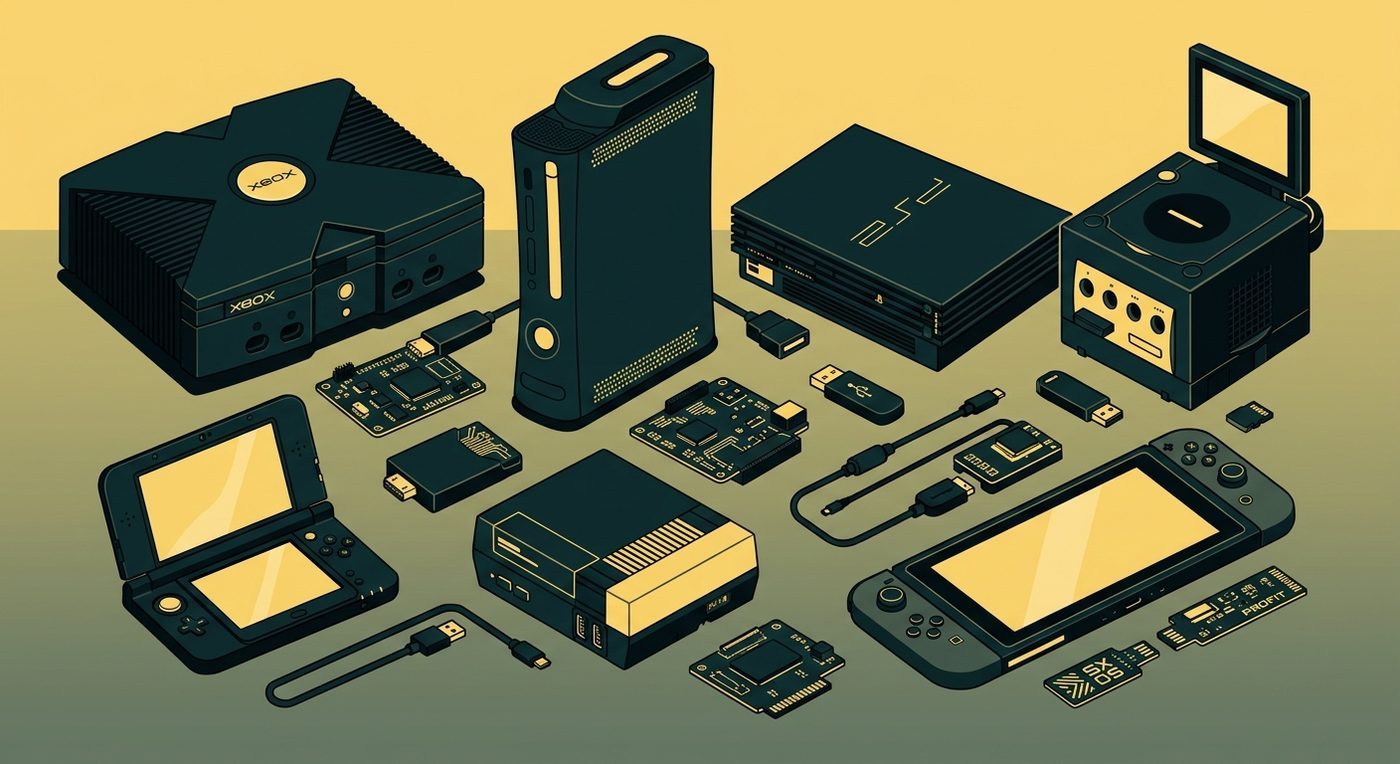 Nintendo consoles: Xbox, Xbox 360, PS2, GameCube, 3DS, NES Classic and Switch with hacking chips and cables