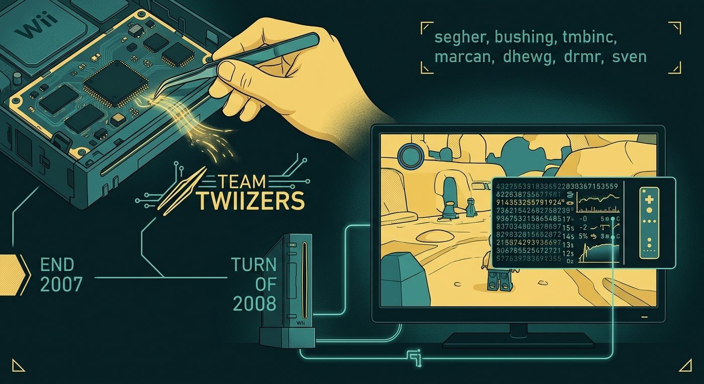 Nintendo consoles: a hand using tweezers on a Wii circuit board beside the Team Twiizers logo