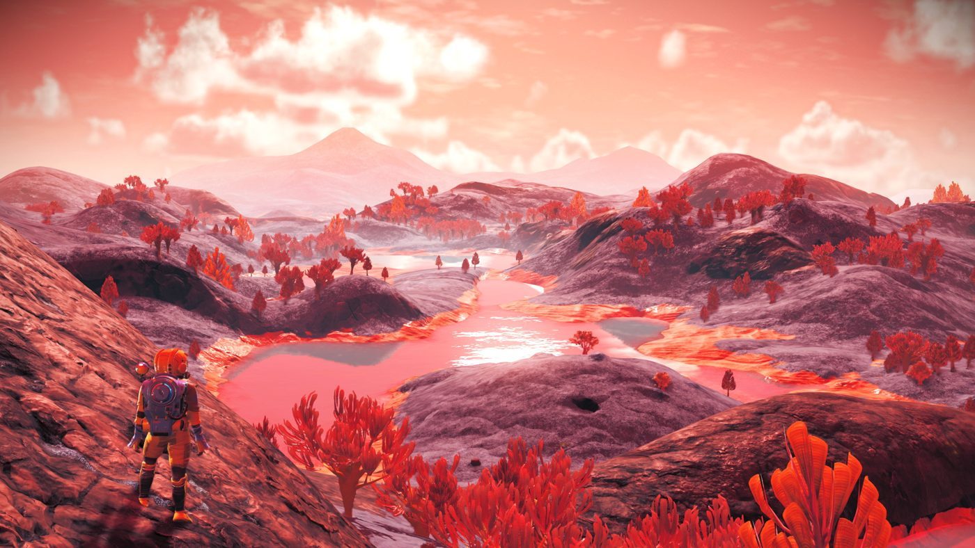 No Man's Sky: an astronaut in orange on a red ridge looking over a pink lake and red trees under a pink sky