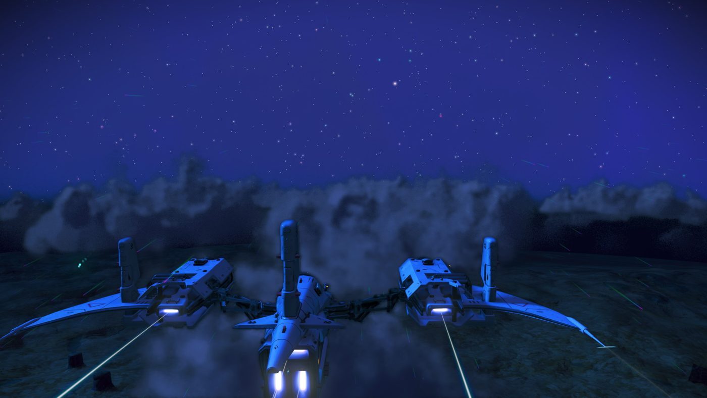 No Man's Sky: a ship with three glowing engines flying over dark clouds under a starry blue night sky