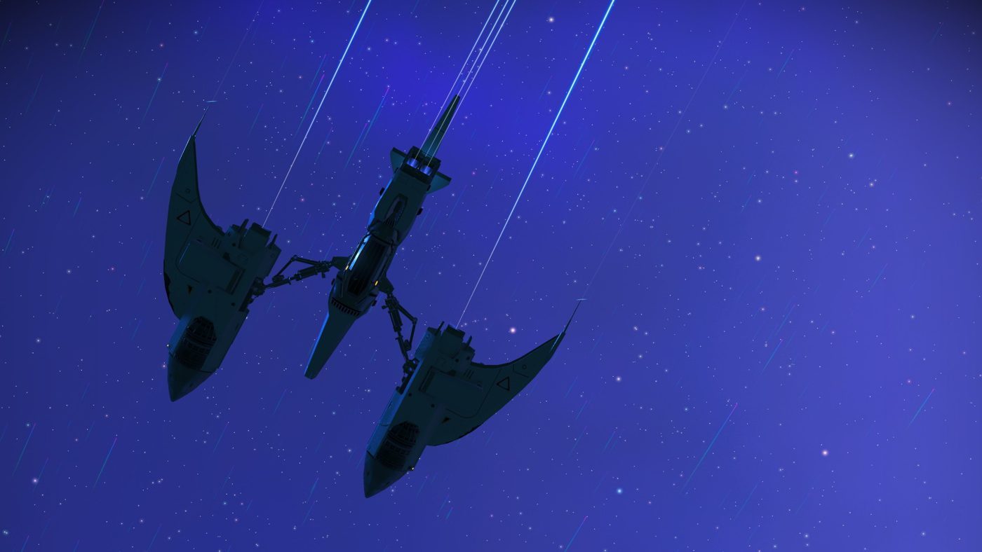 No Man's Sky: a ship with two curved wings seen from below against a purple starry sky with light streaks