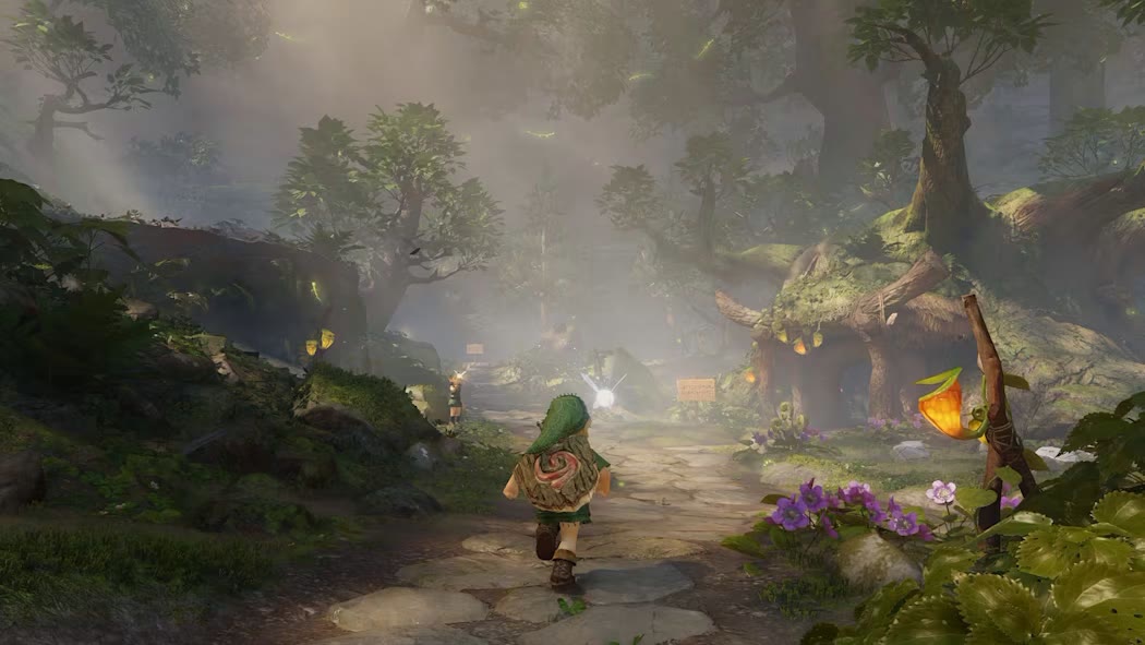 Zelda Ocarina of Time remake: young Link running down a misty forest path beside a glowing fairy