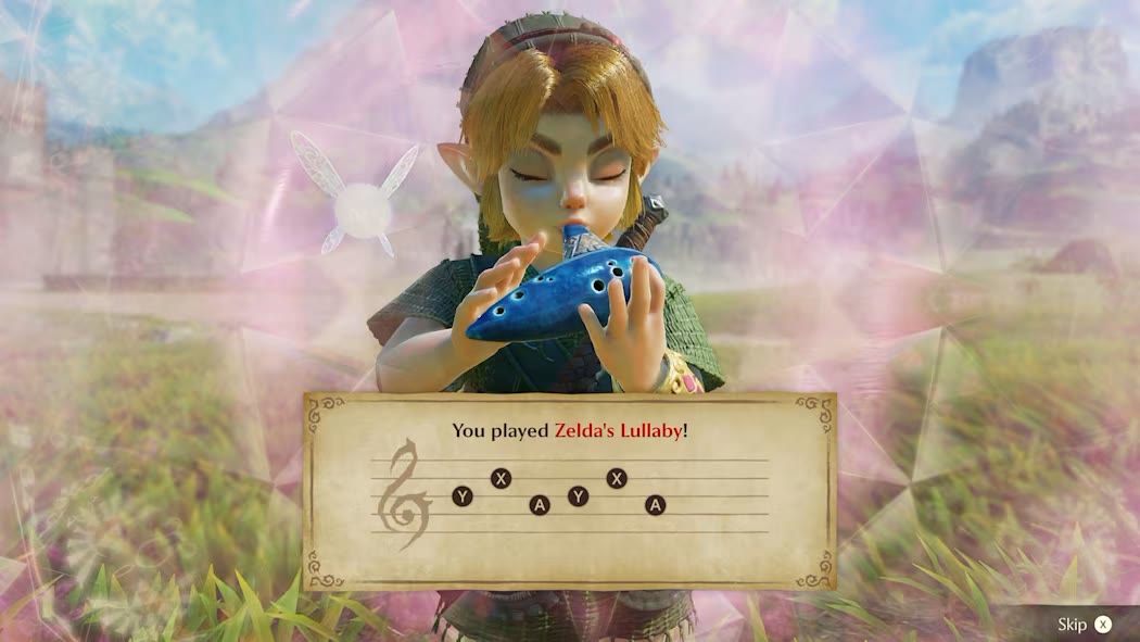 Zelda Ocarina of Time remake: young Link playing the ocarina, with a Skip button in the corner