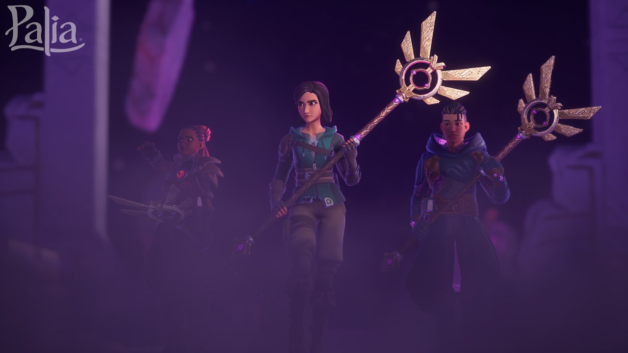 Three Palia characters holding glowing staffs and walking through a purple mist