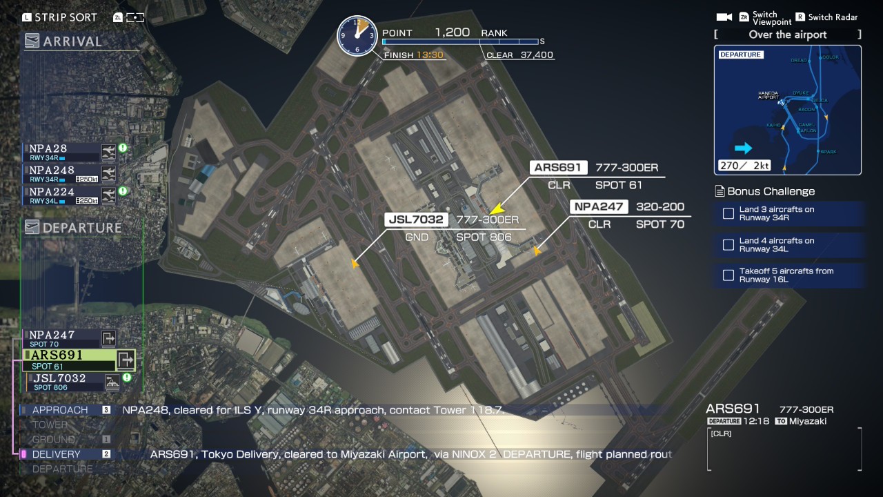 Airport Hero Haneda on Switch 2: top-down airport view with planes taxiing and radio messages below