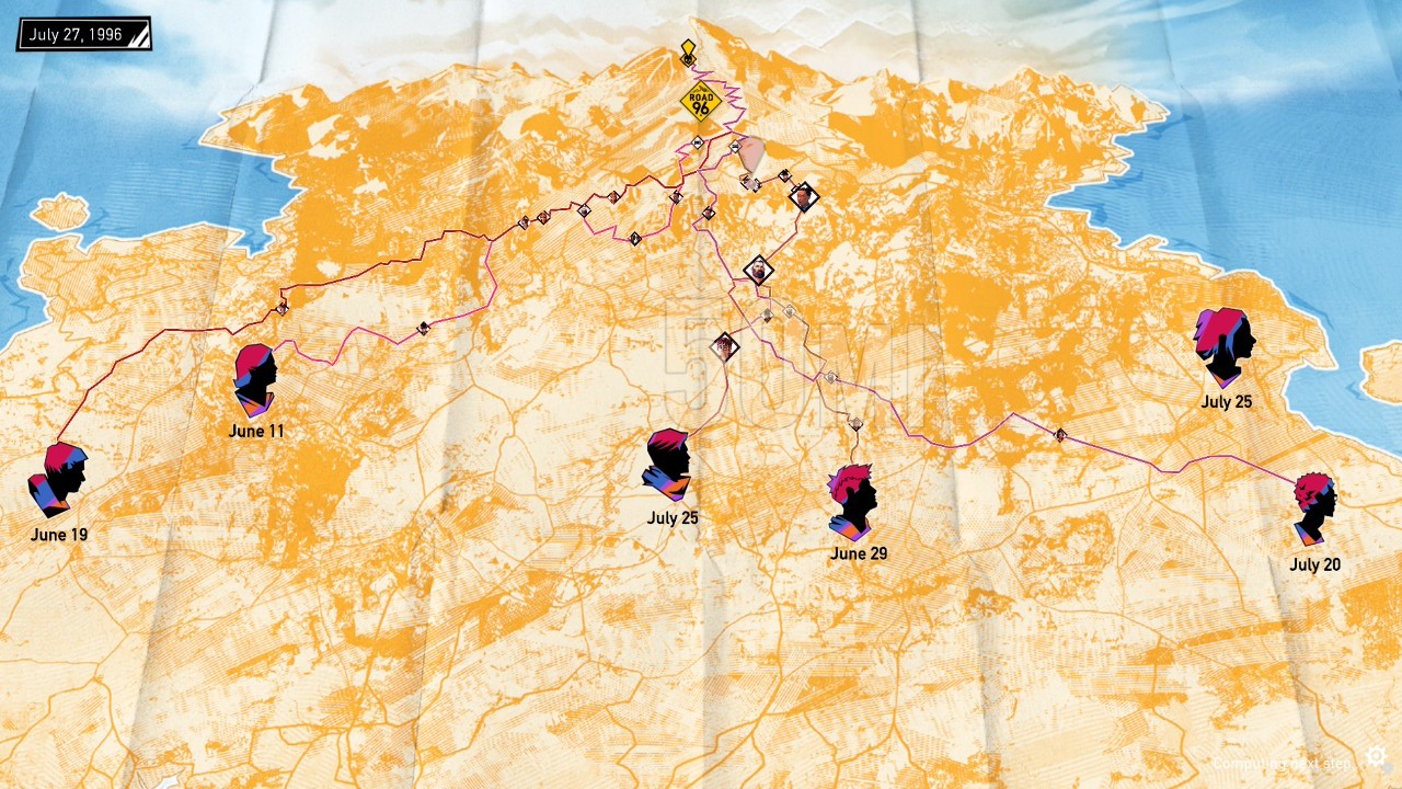 Road 96 on Switch 2: the road map of the desert with a pink route and dated stops
