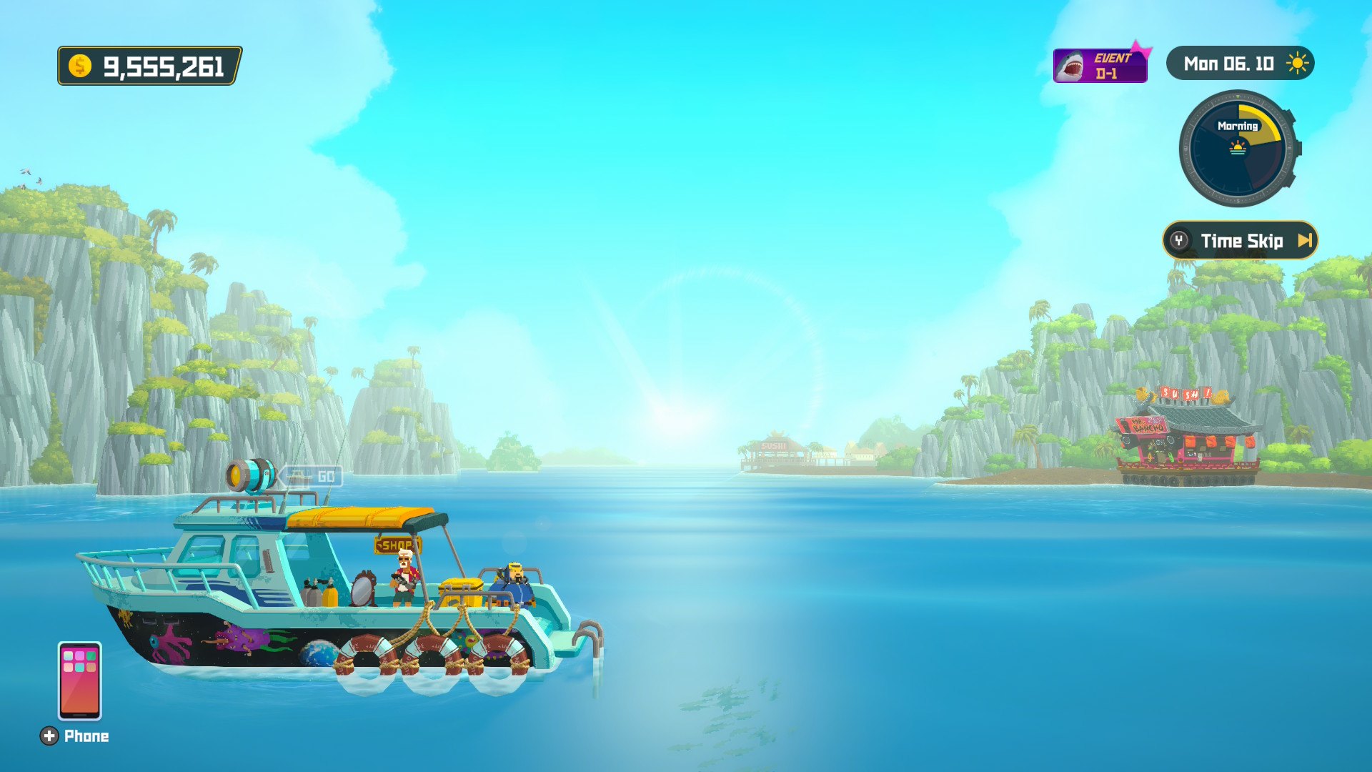 The boat at sunrise, ready for the day. Coffee not included.