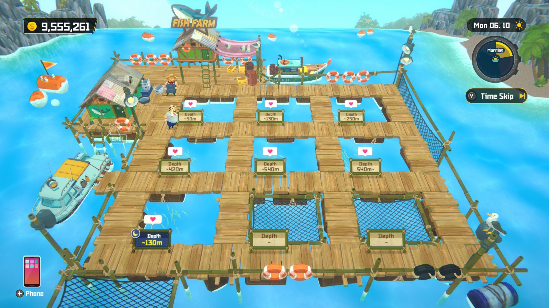 The fish farm, with its pens at different depths. Fish hotels, basically.