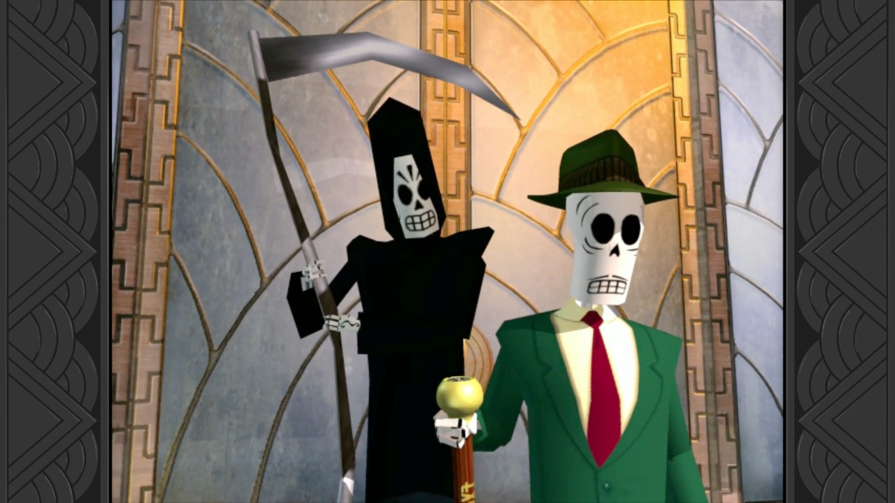 Grim Fandango Remastered: Manny and the Grim Reaper in front of an art deco stained glass window