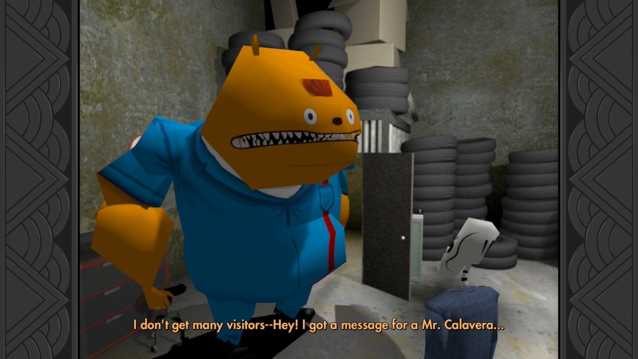 Grim Fandango Remastered: the orange mechanic talking to Manny in a garage full of tires
