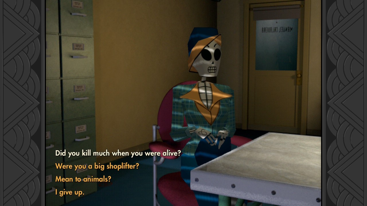 Grim Fandango Remastered: a skeleton woman at a desk with four dialogue choices on screen