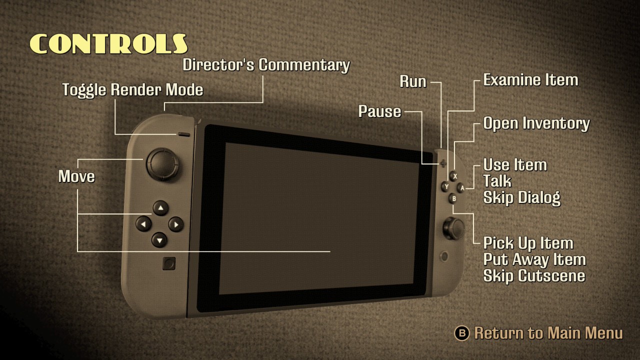 Grim Fandango Remastered: the controls screen with buttons labeled on a Switch in handheld mode