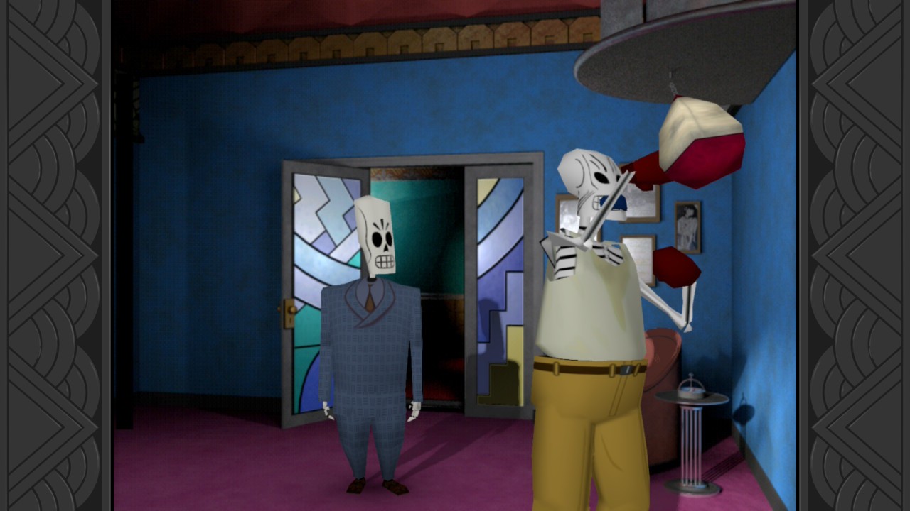 Grim Fandango Remastered: Manny talking to a skeleton boxer next to a punching bag in a blue room
