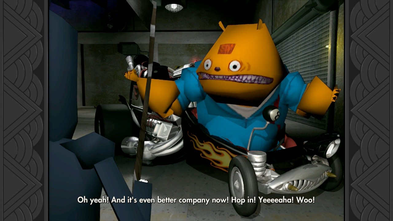 Grim Fandango Remastered: the orange mechanic grinning from a hot rod with flames painted on the side