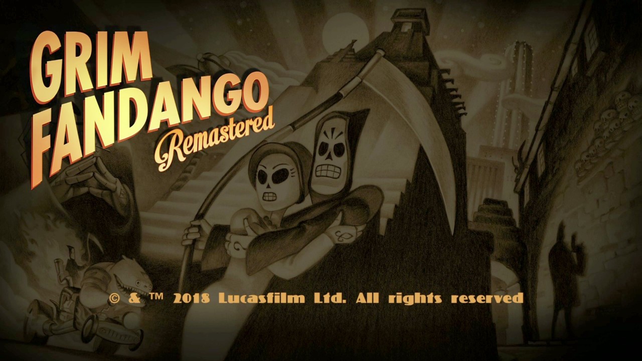 Grim Fandango Remastered: the sepia title screen with two skeletons, a scythe and a stone pyramid
