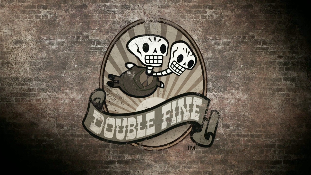 Grim Fandango Remastered: the Double Fine logo with two skulls and a banner on a brick wall