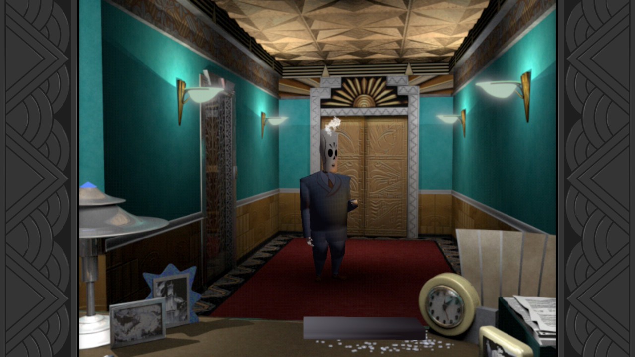 Grim Fandango Remastered: Manny standing in a teal hallway with smoke rising from his head