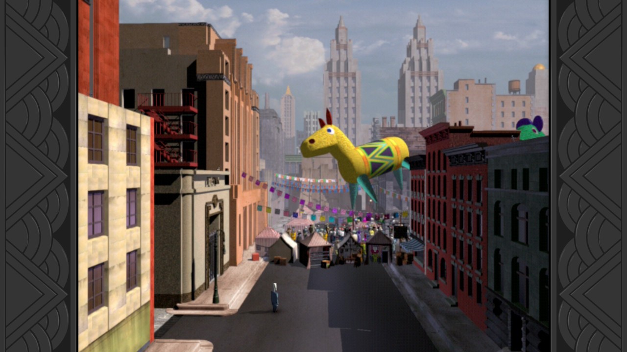 Grim Fandango Remastered: a city street with a floating yellow animal figure above a busy market