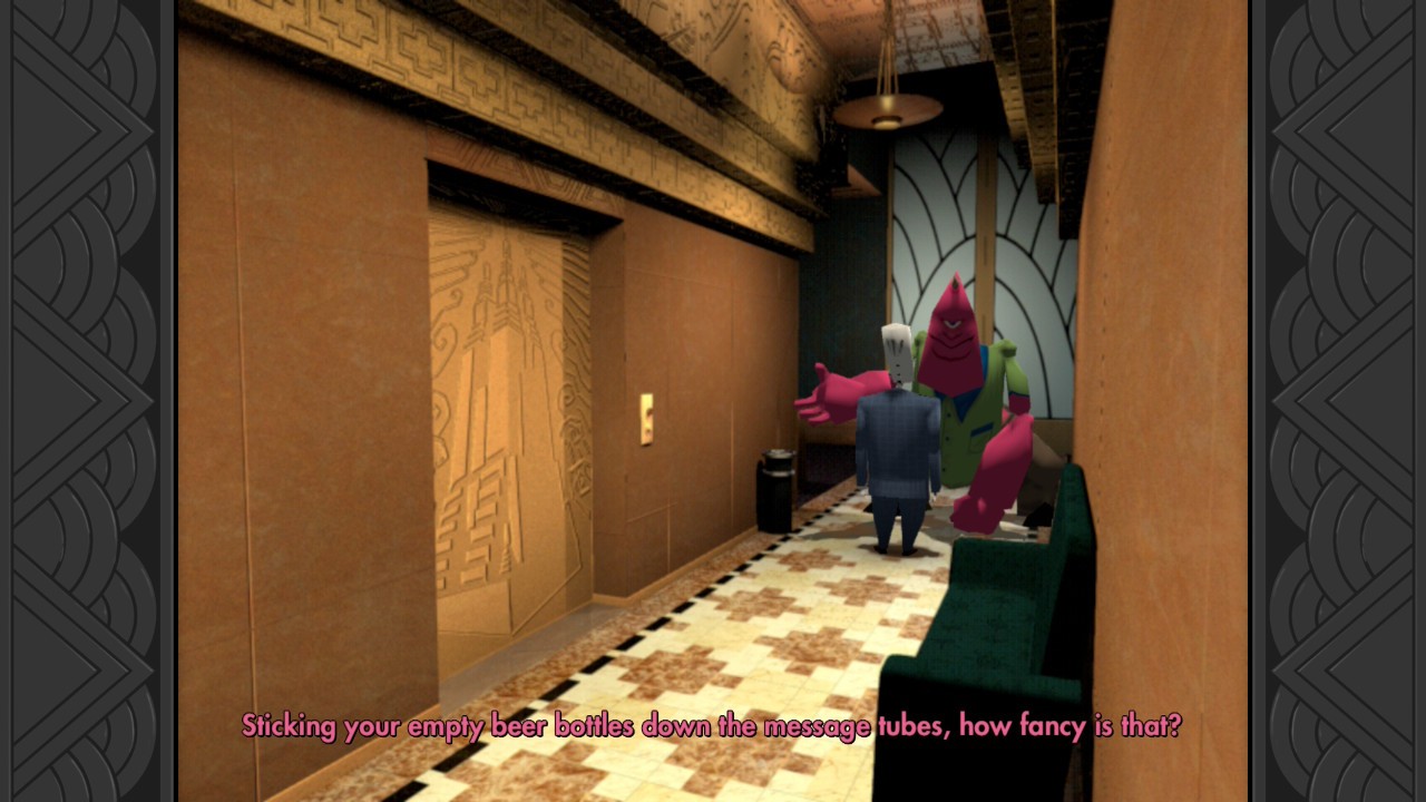Grim Fandango Remastered: Manny talking to a tall red character in an art deco hallway
