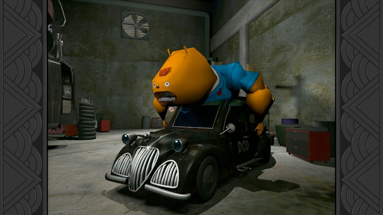 Grim Fandango Remastered: a big orange creature in blue overalls leaning over a black car in a garage