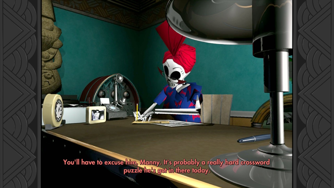 Grim Fandango Remastered: a skeleton receptionist in a red hat writing at her desk under a lamp