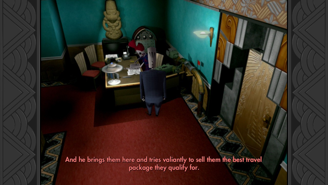 Grim Fandango Remastered: Manny walking up to a desk in a teal art deco office