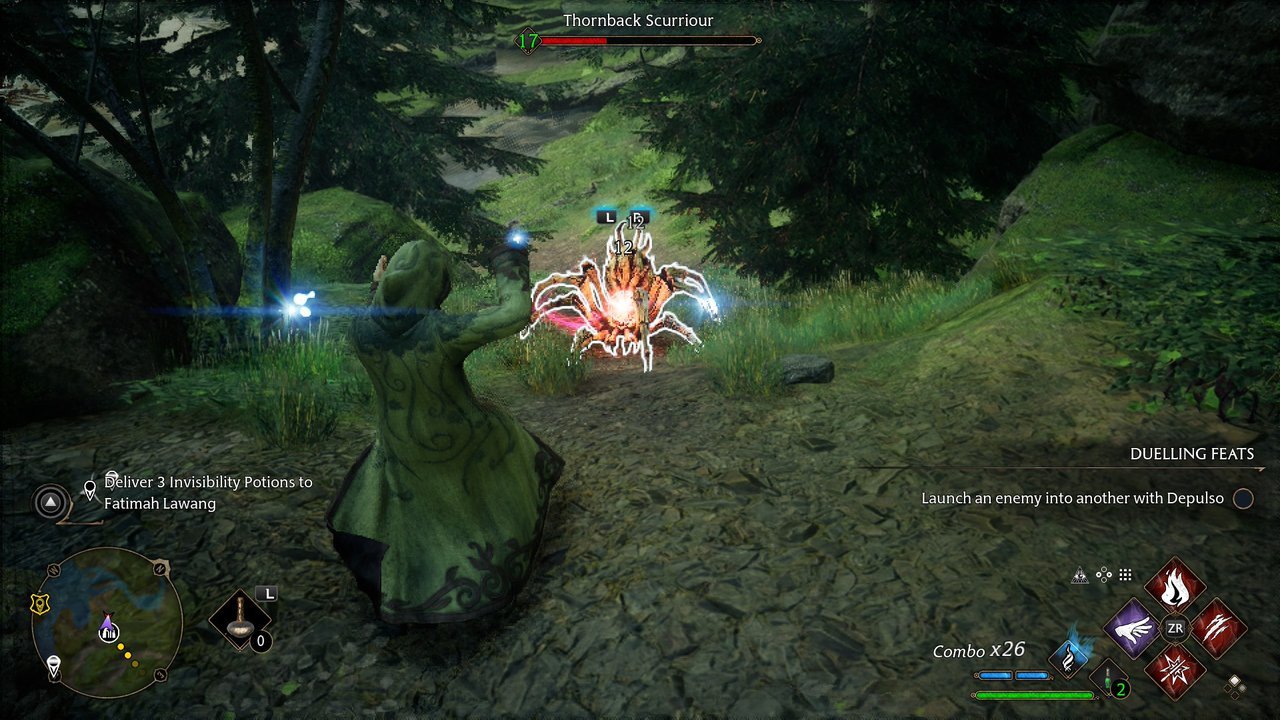 Hogwarts Legacy: a hooded student casting a spell at a spider-like creature in a forest