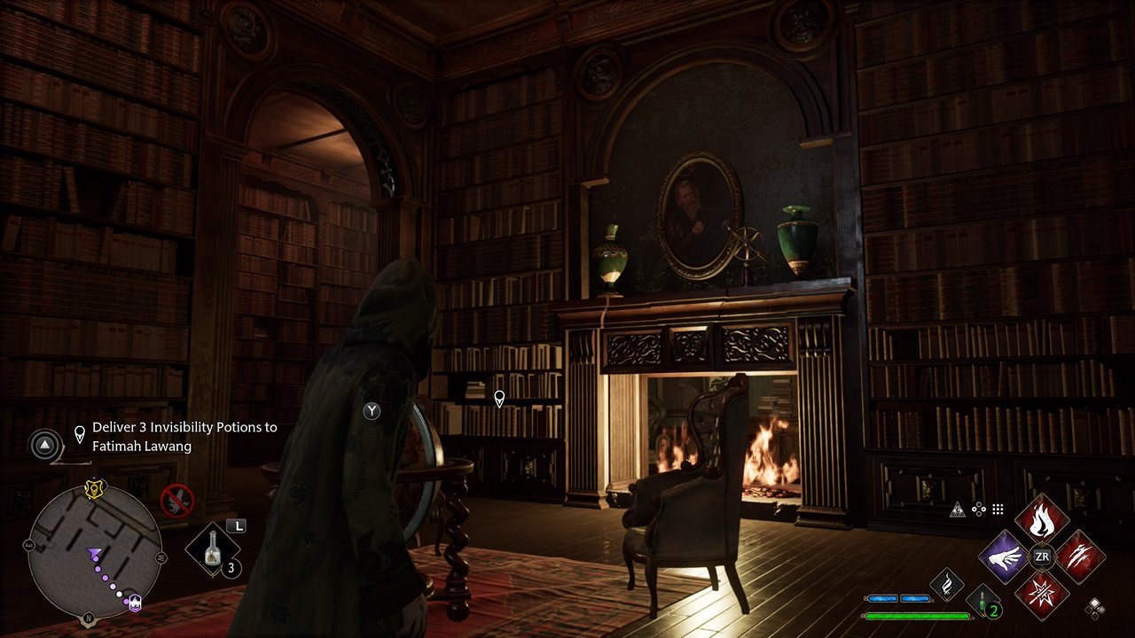 Hogwarts Legacy: a student in a library with tall bookshelves and a fireplace