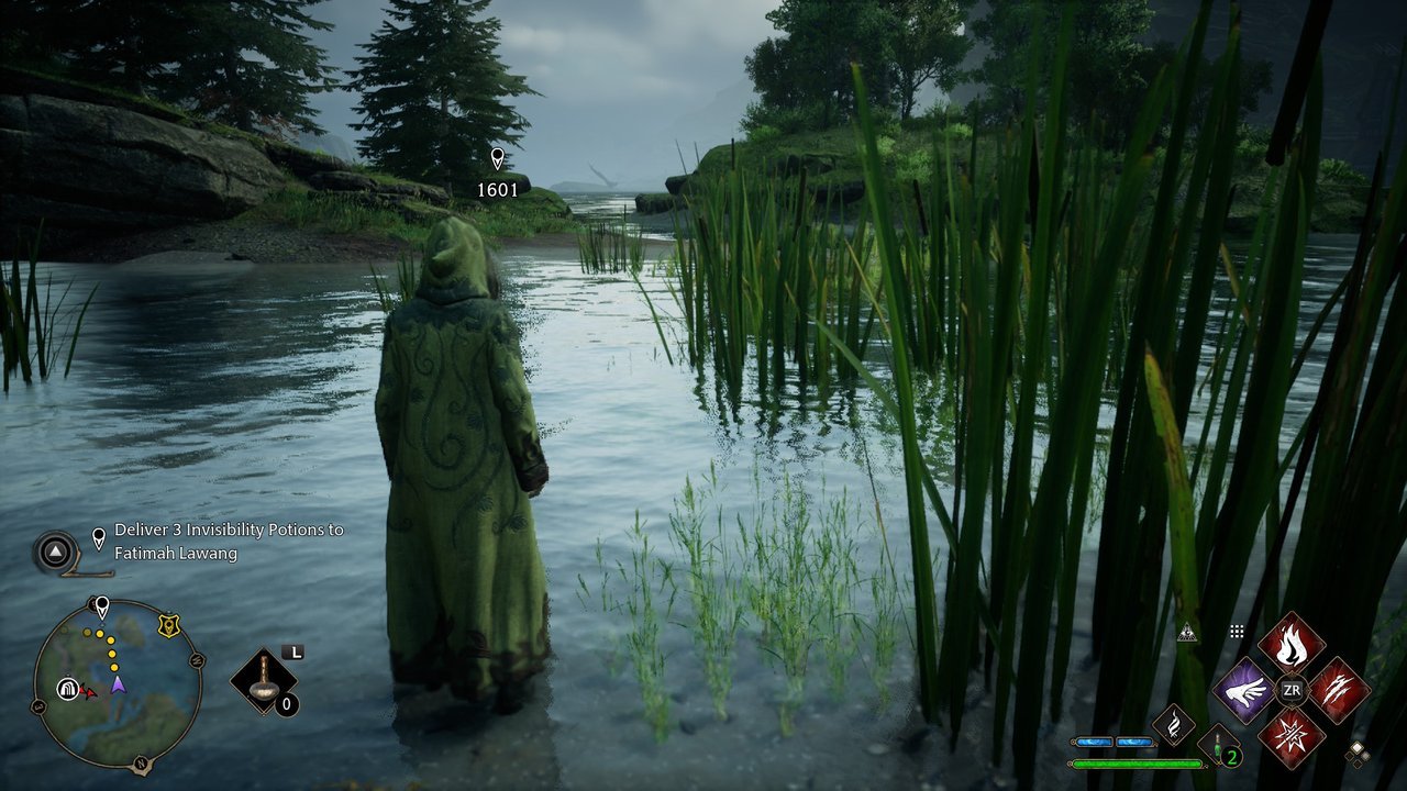 Hogwarts Legacy: a student wading in a calm misty lake surrounded by reeds and pines