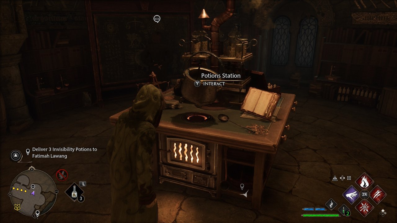Hogwarts Legacy: a student at the potions station next to a cauldron and a spellbook