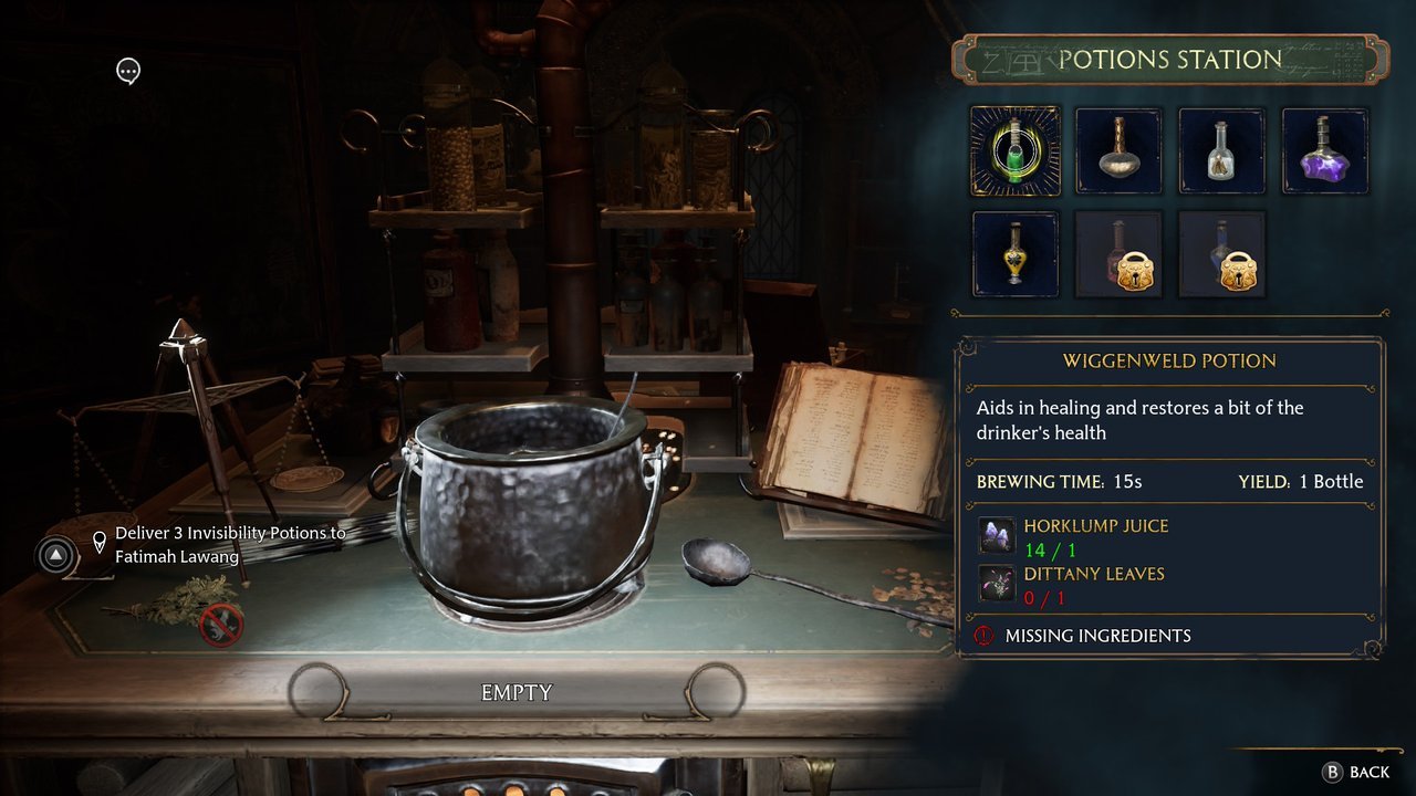 Hogwarts Legacy: the potions menu with recipes, ingredients and brewing time