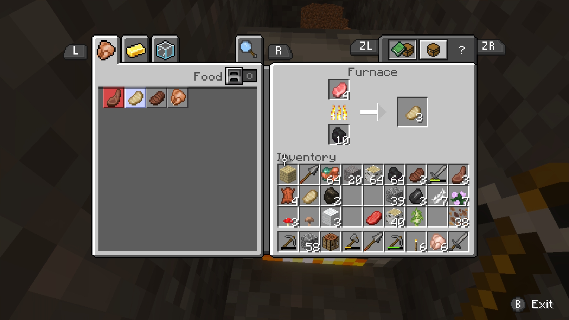 Minecraft: the furnace menu with raw meat cooking and an inventory full of items