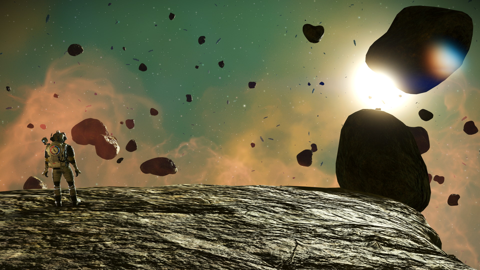 Standing on an asteroid with the sun behind it. Not a bad spot for a lunch break.
