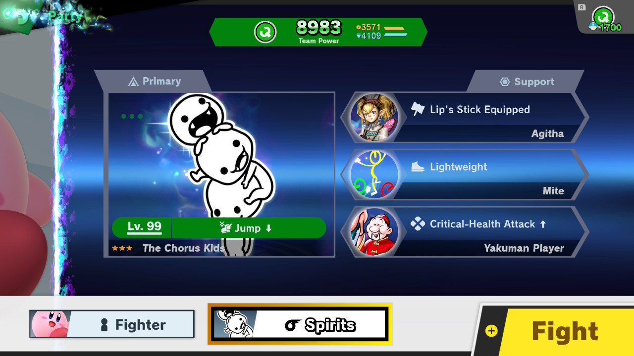 The spirits party screen, with everything you can equip. Homework, but cute.
