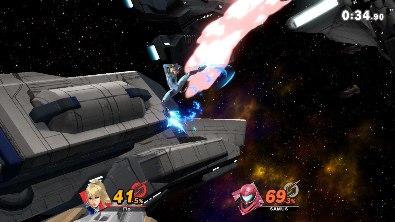 Zero Suit Samus mid-kick. Leg day, every day.